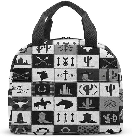 Western Retro Denim Insulated Lunch Bag Bear Deer Bird Nature Landscape Cactus Thermal Tote Portable Size (04)