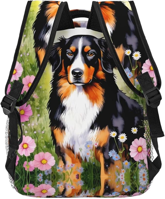 Rucksacks Multipurpose Anti-Theft Big Capacity Bookbag, Shetland Sheepdog Dog Watercolor Pink Flower Art Travel Hiking Camping Rucksack With Padded Straps
