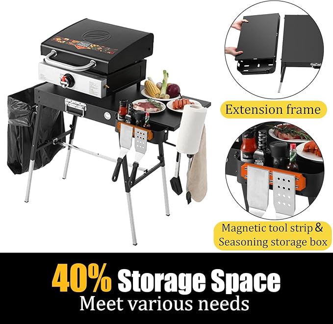 Portable Outdoor Grill Stand, Adjustable Height Folding Table Made to fit 17” or 22” Blackstone Griddle, 35"W x 17"D Kitchen Cooking Prep BBQ Stand, Pizza Oven Stand for Ninia Grill（Black）
