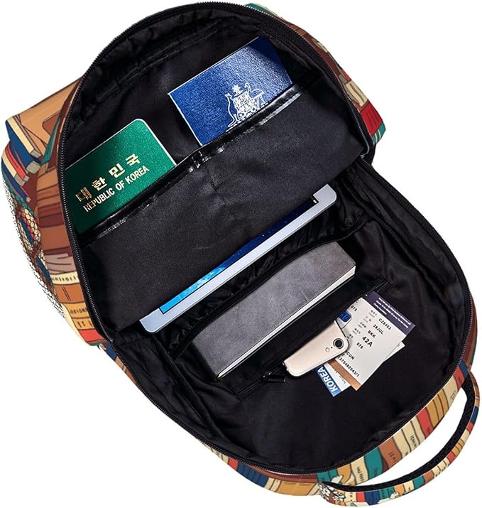 Daypack Bookbag Multipurpose Anti-Theft Big Capacity Carry On Bag, Book Lover Catsleeping Over Bookshelf In Library Art Travel Hiking Camping Rucksack With Padded Straps