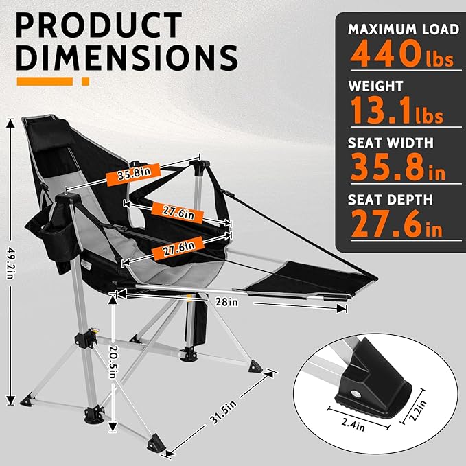 Romswi 2Pk Aluminum Hammock Camping Chair with Footrest, Oversized Portable Swinging Chair with Adjustable Back & Seat, Lightweight Folding Rocking Camp Chair Supports 440lbs for Outdoor, Patio Black