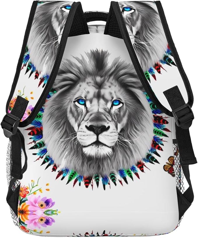 Rucksack Multipurpose Anti-Theft Big Capacity Shoulder Bag, Lion Feather Flower Butterflies Art Travel Hiking Camping Rucksack With Side Pockets