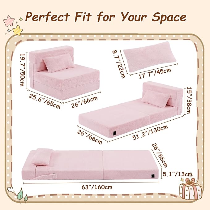 Folding Sofa Bed Floor Mattress for Kids with Pillow, Toddler Washable Folding Floor Nap Mat for Daycare, Child Fold Up Sofa Futon Chair Bed with Storage Bag for Playroom, Camping