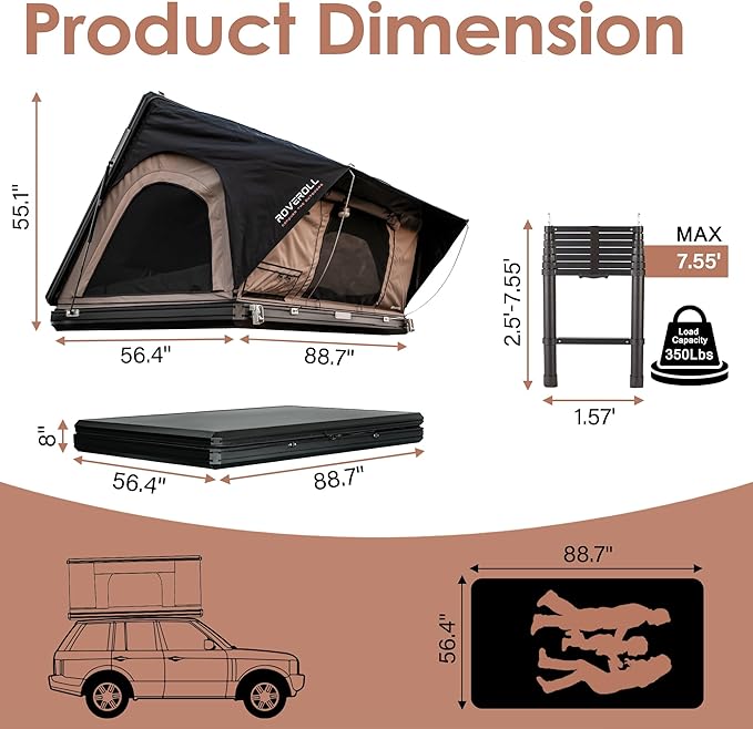 Rooftop Tent, Hardshell Roof Top for 2-4 Person, with Aluminum Telescopic Ladder, LED Strip Light