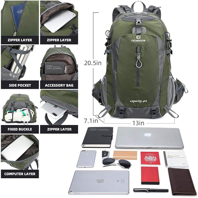 FENGDONG 40L Waterproof Lightweight Hiking,Camping,Travel Backpack for Men Women (green)
