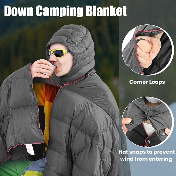 Hooded Down Camping Blanket Waterproof 650 Fill Puffy Poncho Blanket 77" x 50" Packable Wearable Sleeping Bag with Detachable Hat Outdoor Stadium Camping Cold Weather, 1.36 lb(Grey)