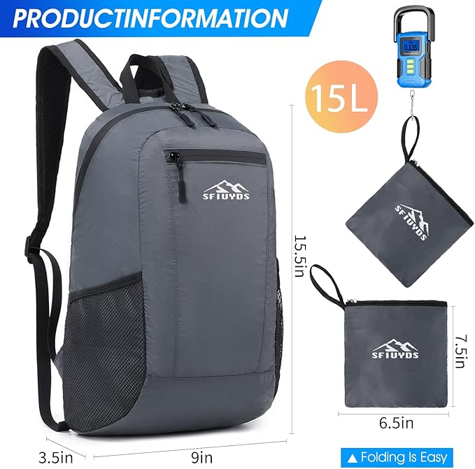 Lightweight Hiking Backpack Small,Waterproof Hiking Daypack,Foldable Backpack for Travel,Ultralight Daypack (Nylon, Grey)