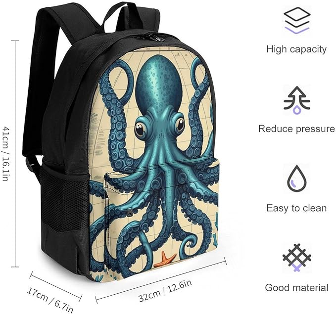 Supdreamc Daypack Lightweight Multipurpose Anti-Theft Retro Octopus Art Shoulder Bag Large Capacity Laptop Book Bag Rucksack With Adjustable Shoulder Straps