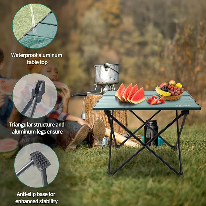Small Camping Table, Ultralight Aluminum Folding Table with Carrying Bag, Portable & Lightweight Camping Side Table for Outdoor Camping, Picnic, Beach and Fishing, Green