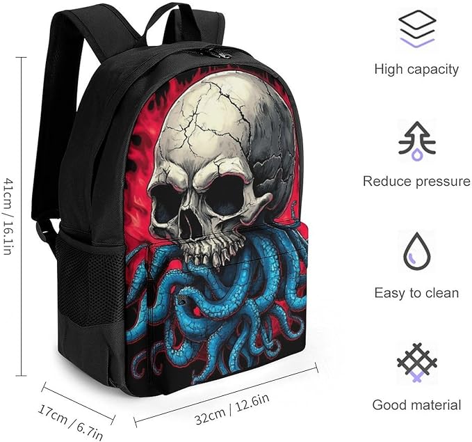 Polyester Daypack Backpack for Climbing Outdoors Running, Big Capacity Multipurpose Anti-Theft Bookbag, Abstract Skull Octopus Tentacles Travel Hiking Camping Rucksack