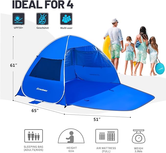 EchoSmile Pop Up Beach Tent for 4 Person Family, UPF 50+ Sun Shelter & Waterproof Beach Shade for Kids, Automatic Easy Setup Portable Cabana for Outdoor Travel （Dark Blue）