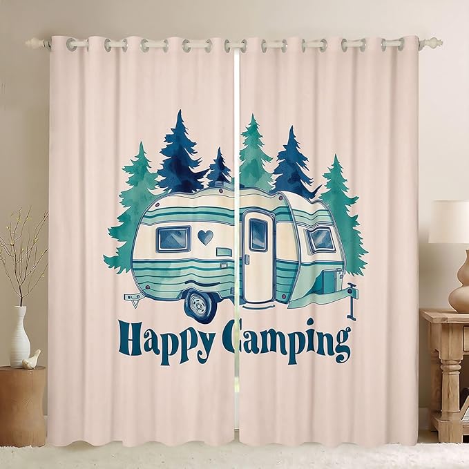 Erosebridal Happy Camping Window Curtains 38" Wx45 L Country Camper Blackout Curtains for Bedroom Living Room,Camping Vehicle Camp Window Treatments Cartoon Camper Car Drapes Decor 2 Panels