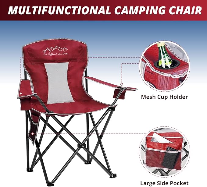 Mesh Folding Camping Chairs, Oversized Portable Outdoor Chairs, Weight Capacity 325 lbs with Cup Holder, Storage Pocket, Carry Bag Red