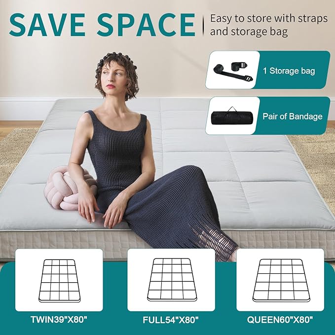 SUNYRISY Japanese Floor Futon Mattress Foldable & Portable Tatami Mat Sleeping Pad Roll Up Bed Topper for Guest Lounger, Twin, Grey