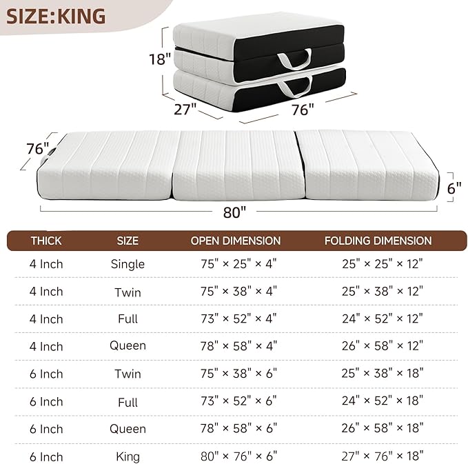 Foldable Mattress, Queen Tri-Fold Memory Foam Mattress Topper with Washable Cover, Handle & Non-Slip Bottom, 6 Inch Portable Folding Bed for Guest, Yoga, Living Room, Camping - 80"x76"x6"