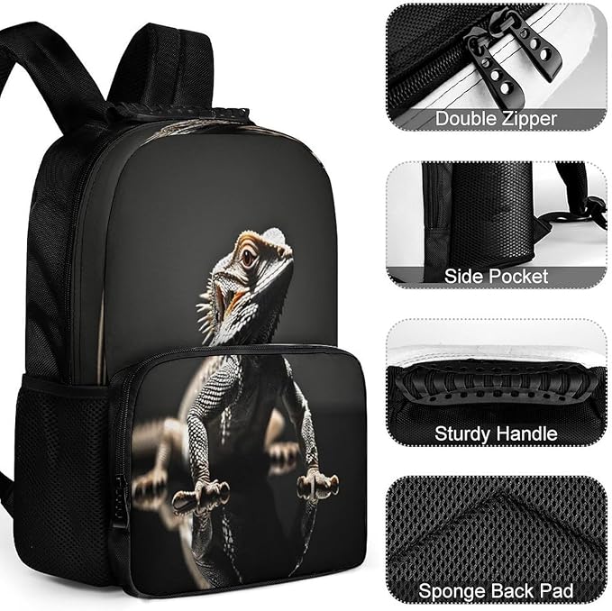 Men Women Lightweight Cool Bearded Dragon Lizards Animal Black Daypack Bookbag Big Capacity Carry On Bag With Side Pockets for Camping Travel Bicycle