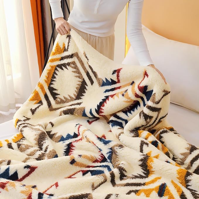 UKELER Boho Sherpa Throw Blanket 60'' × 80'', Sherpa Fleece Blanket for All Season, Southwestern Aztec Throw Blanket, Native American Cozy Blanket for Bed/Couch/Sofa/Office/Camping
