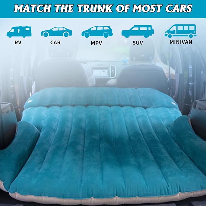 SUV Air Mattress Thickened and Double-Sided Flocking Travel Foldable Camping Bed for SUV Rear Seat and Trunk Camping Pickup Truck Bed Air Mattress, 76x51x4.7Inch (White Blue)