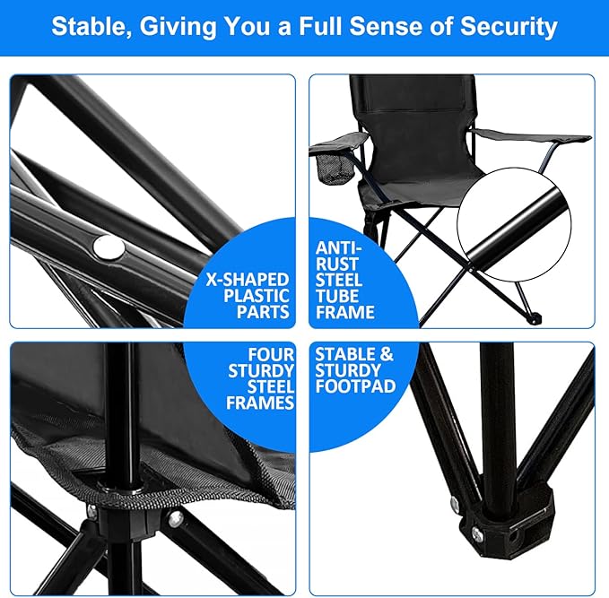 Folding Camping Chair, 225lb Capacity, Includes Cup Holder & Side Storage Bag, 5.5lbs Portable for Beach, Camping, Sport,2PCS Black