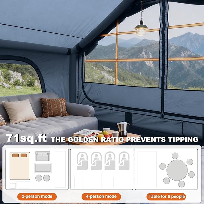 Inflatable Camping Tent,2/4/6/8 Person Glamping Inflatable Tents with Awning, Quick Setup Blow Up Tents with Pump, Waterproof Oxford Inflatable House for Camping, Air Glamping Hot Tents for Adult