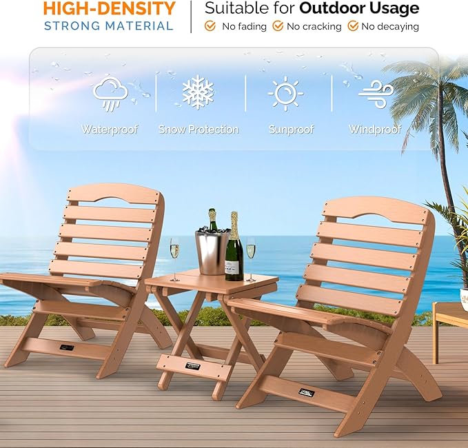 VINGLI Small HDPE Folding Side Table, Plastic Waterproof Portable Adirondack Coffee End Tables, All Weather for Patio, Backyard, Pool, Indoor Use, Teak