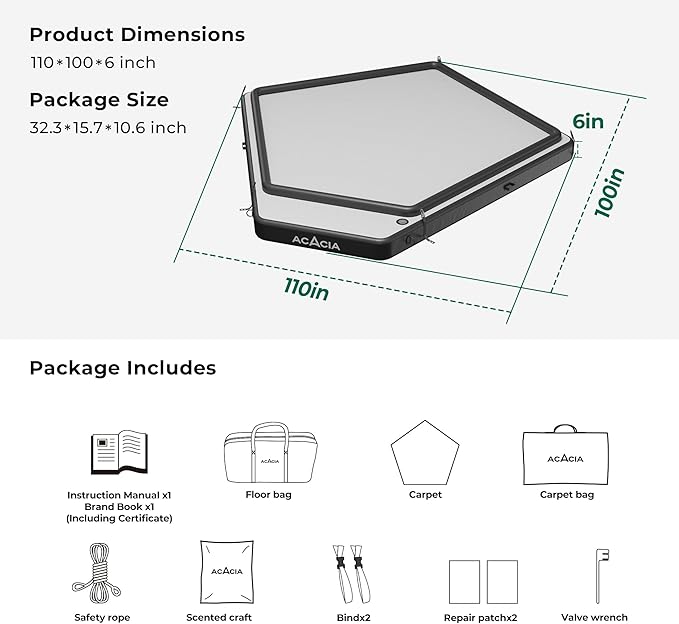 ACACIA Air Floor 2-3 Person for Space Camping System, 4-Layer, 6-Inch-Thick Inflatable Floor for Floating Tent, Waterproof Moistureproof Camping Base with Removable Carpet, Repair Patch, Carry Bag