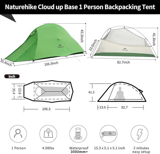 Naturehike Cloud Up 1 Person Tent, Lightweight Backpacking Tents for One Man, Waterproof Ultralight One Person Tent for Camping Hiking Backpacking