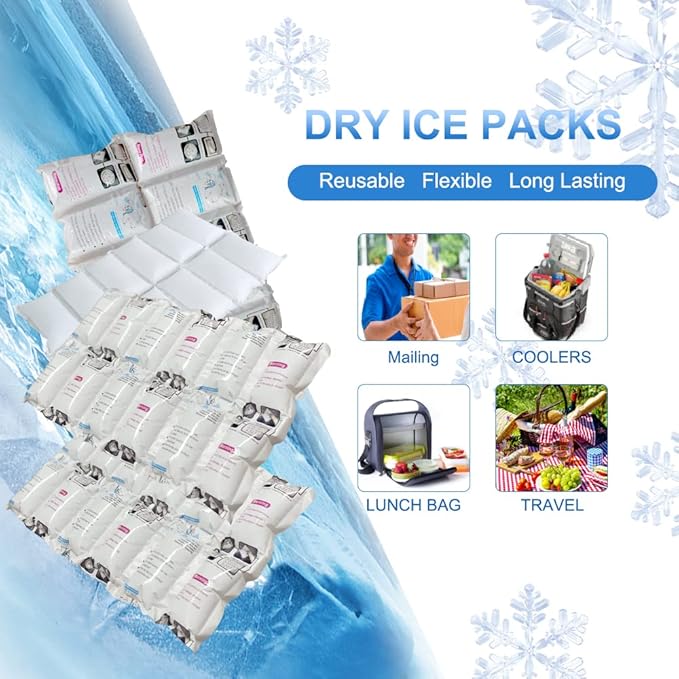 RAINBOW Dry Ice Packs for Shipping Long Lasting, Reusable Cold Ice Pack Sheets for Lunch Box, Flexible Dry Ice Packs for Coolers, Dry Ice for Shipping Frozen Food, 12 Ice Cells Each Sheet, 16 Sheets