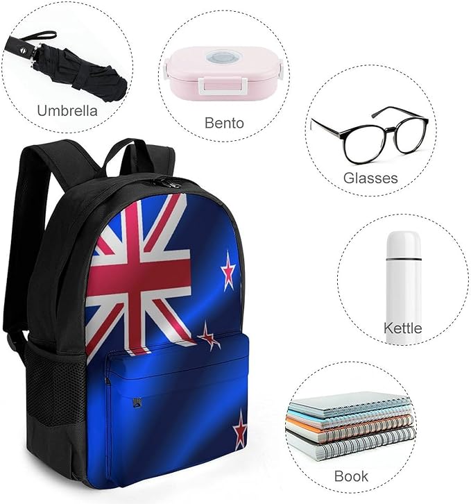 Polyester Daypack for Hiking Work Running, Big Capacity Anti-Theft Multipurpose Shoulder Bag, Flag Of New Zealand Travel and Sport Backpack Rucksack