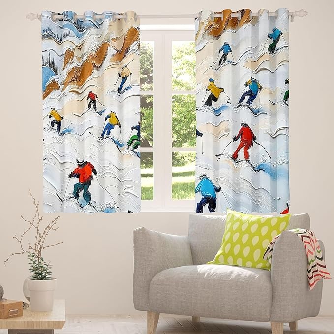 Manfei Skiing Blackout Curtains,Ski Winter Extreme Sports Game Boys Girls Room Decor,Mountain Snowboarding Outdoor Window Curtains,Blue Red 2 Panels,38Wx45L inch