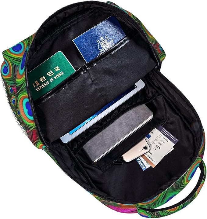 Daypack Backpack Anti-Theft Multipurpose Big Capacity Bookbag, Colorful Peacock Feather Art Business Computer Bag With Side Pockets