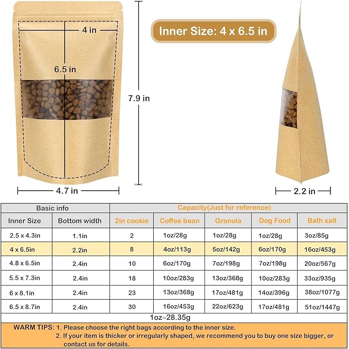 Blisstime Stand Up Pouches, 50 Pack Kraft Paper Bags with Matte Window and Tear Notch Resealable Bags for Small Business Home Use (4 x 6.5 Inches)