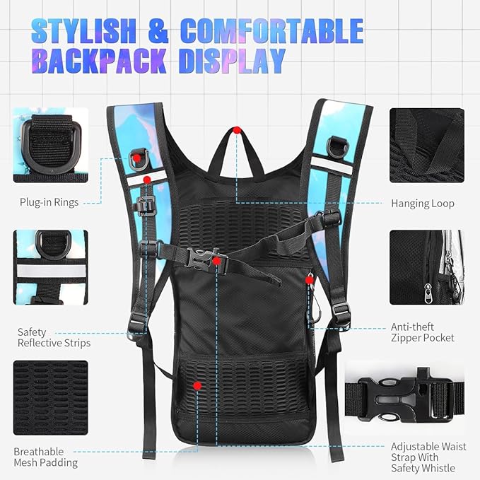 Hydration Backpack, Festival Rave Hydration Pack, Water Backpack with 2L Hydration Bladder, Rave Backpack Hydration Pack Hydropack Hydro for Hiking, Biking, Festivals, Raves