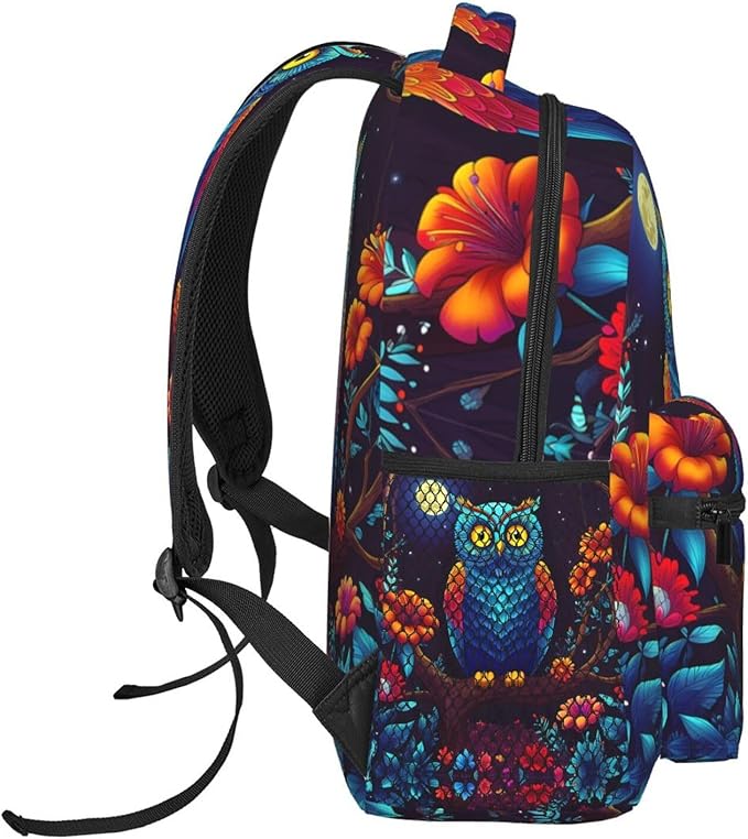 Polyester Daypack for Hiking Work Running, Big Capacity Anti-Theft Multipurpose Shoulder Bag, Trippy Owl Red Floral Moon Art Travel and Sport Backpack Rucksack