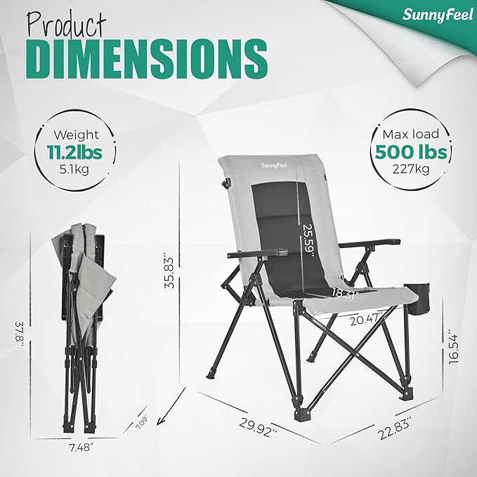 SUNNYFEEL Ergonomic High Back Camp Chair - 500lbs Heavy Duty Folding Chair, UV-Resistant Portable Camp Chair with Hard Armrests, Cup Holder＆ Bag for Outdoor, Basebal, Travel, Sports, Hiking, Fishing