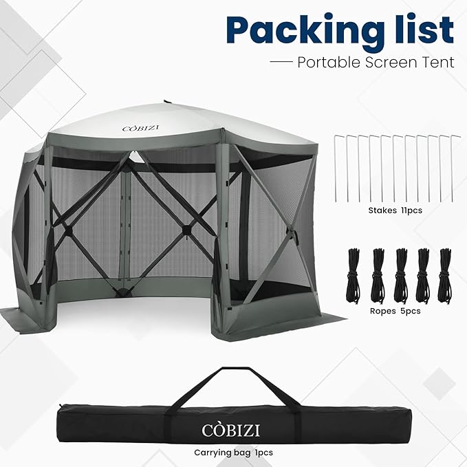 COBIZI Pop Up Gazebo Screen Tent Screen House for Camping, 12x12 Screen Room with Mosquito Netting, Hub Tent Instant Screened Canopy with Carrying Bag and Ground Stakes, Gray