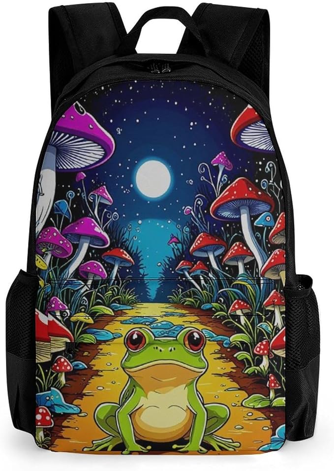Supdreamc Rucksack Multipurpose Anti-Theft Big Capacity Shoulder Bag, Psychedelic Magic Mushrooms Frog Trippy Art Travel Hiking Camping Rucksack With Side Pockets