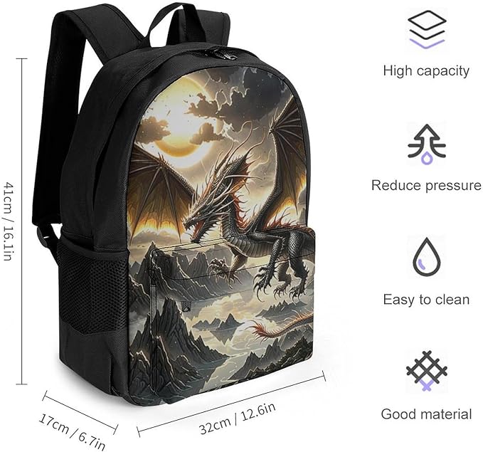 Men Women Polyester Majestic Dragon Fantasy Art Backpack Large Capacity Bookbag With Smooth Zippers for Climbing Picnic Bicycle