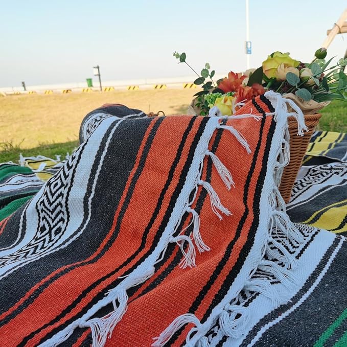 Airooglee Large Mexican Blanket - Perfect as Yoga Blanket, Outdoor Blanket, Beach Blanket, Serape Blanket, Picnic Blanket, Camping Blanket, Boho Home Décor (Orange)