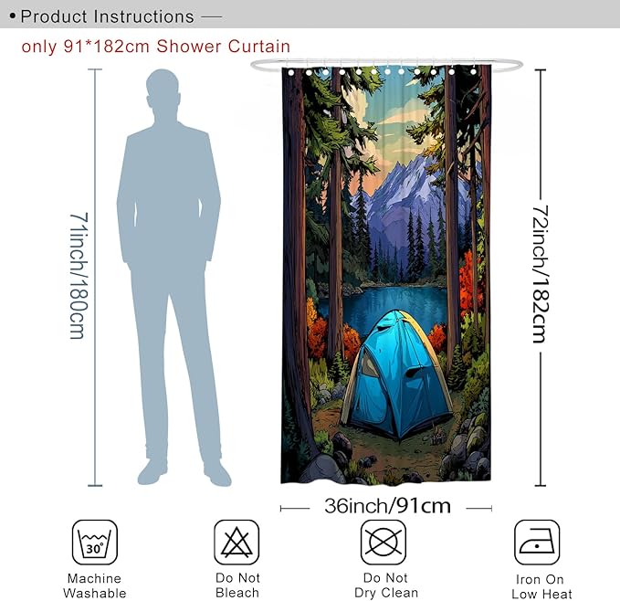 Mountain Lake Shower Curtain, Vibrant Blue Camping Tent Nature Scene Bathroom Decor, Outdoor Spring Summer Wilderness Art Waterproof Fabric Curtain with Hooks 36x72 Inch