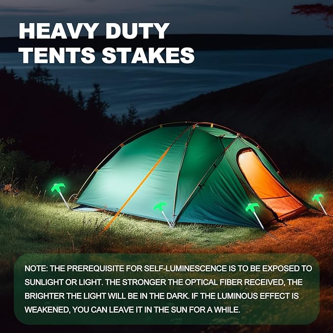10PCS Camping Tent Stakes - Heavy Duty, 8 Inch Screw in, Nightglow Metal, with Hex Head Driver, Nail Lifter, Ropes, White