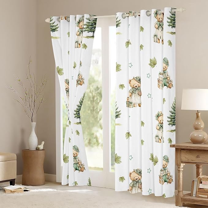 Princess Bears Window Curtain | Coquette Girly Window Treatment Curtain,Teens Woman Men Green Maple Leaf Bedroom Curtains Cartoon Cakes Gifts Living Room Decor Top 2 Panels,52Wx96L