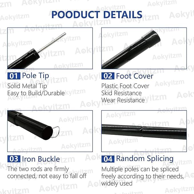 Tent Poles,Adjustable Portable Tent Poles-74.8" Sturdy and Durable Rustproof Thickened Iron Tent Stakes for Camping,Hiking,Van Awnings,Beach Awning Tent Accessory with Storage Bag-2 Pack (Black)