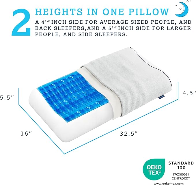 Technogel Anatomic Cooling Gel Pillow – Dual-Height Cervical Spine Support, Memory Foam Base, Washable Cover, Side & Back Sleepers King Size