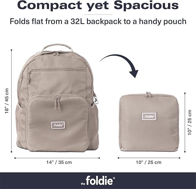 The Foldie Packable Backpack for Travel 32L - Lightweight Foldable Backpacks with Trolly Sleeve & RFID Protection - Water-repellent Casual Daypack Backpacks for Hiking, Camping & Gym - Beige