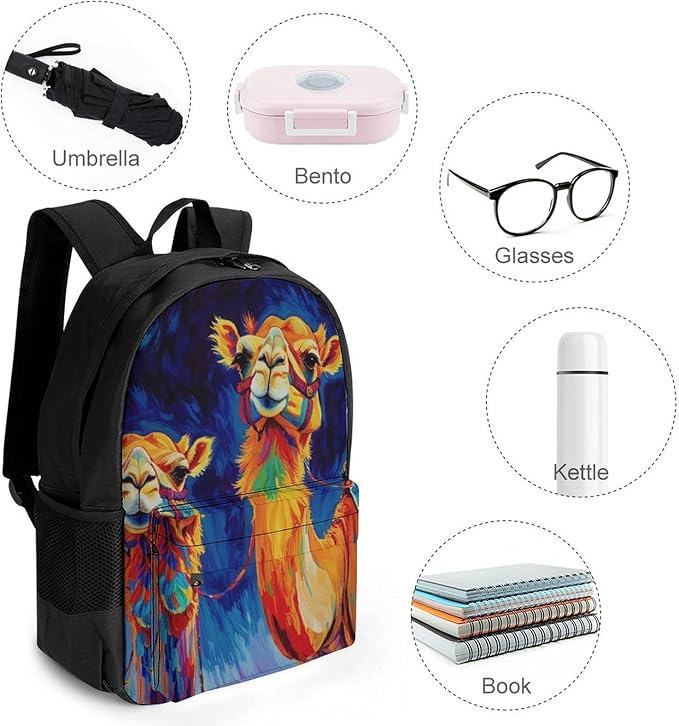 Men Women Polyester Camel Watercolor Backpack Large Capacity Bookbag With Smooth Zippers for Climbing Picnic Bicycle