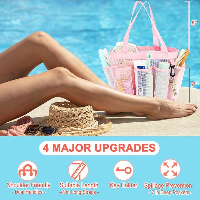 Mesh Shower Caddy Portable for College Dorm Room Essentials, 8-Pocket Large Shower Basket Tote Bag with 2 Handles for Toiletry, Bathroom, Beach, Camp, Gym