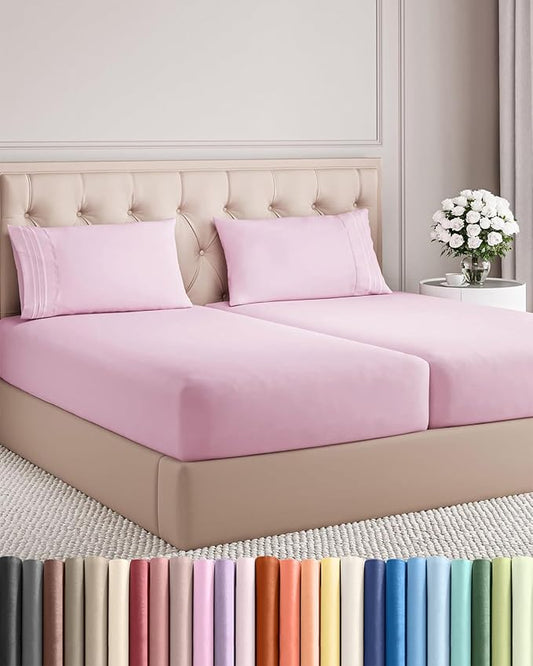 Split King Size 5 Piece Sheet Set - Comfy Breathable & Cooling Bed Sheets Set - Hotel Luxury Bedding for Women, Men, Kids, Teens, Boys & Girls - Deep Pockets and Wrinkle Free - Oeko-Tex - Light Pink