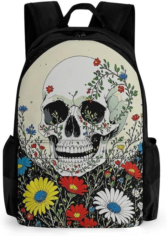 Adults Lightweight Psychedelic Skull Skeleton Floral Art Shoulder Book Bags Big Capacity Shoulder Bag With Adjustable Shoulder Straps for Trekking Work Walking Cycling