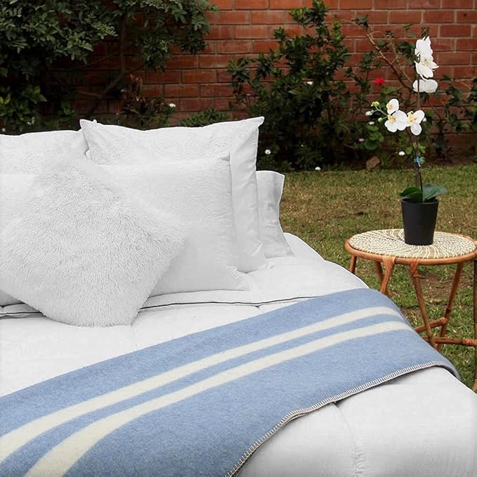 Thick Alpaca Wool Blanket Heavyweight for Camping Outdoors or Using Indoors | Soft Peruvian Alpaca Wool Blankets (Soft Blue - Ivory Stripes 2, Queen)